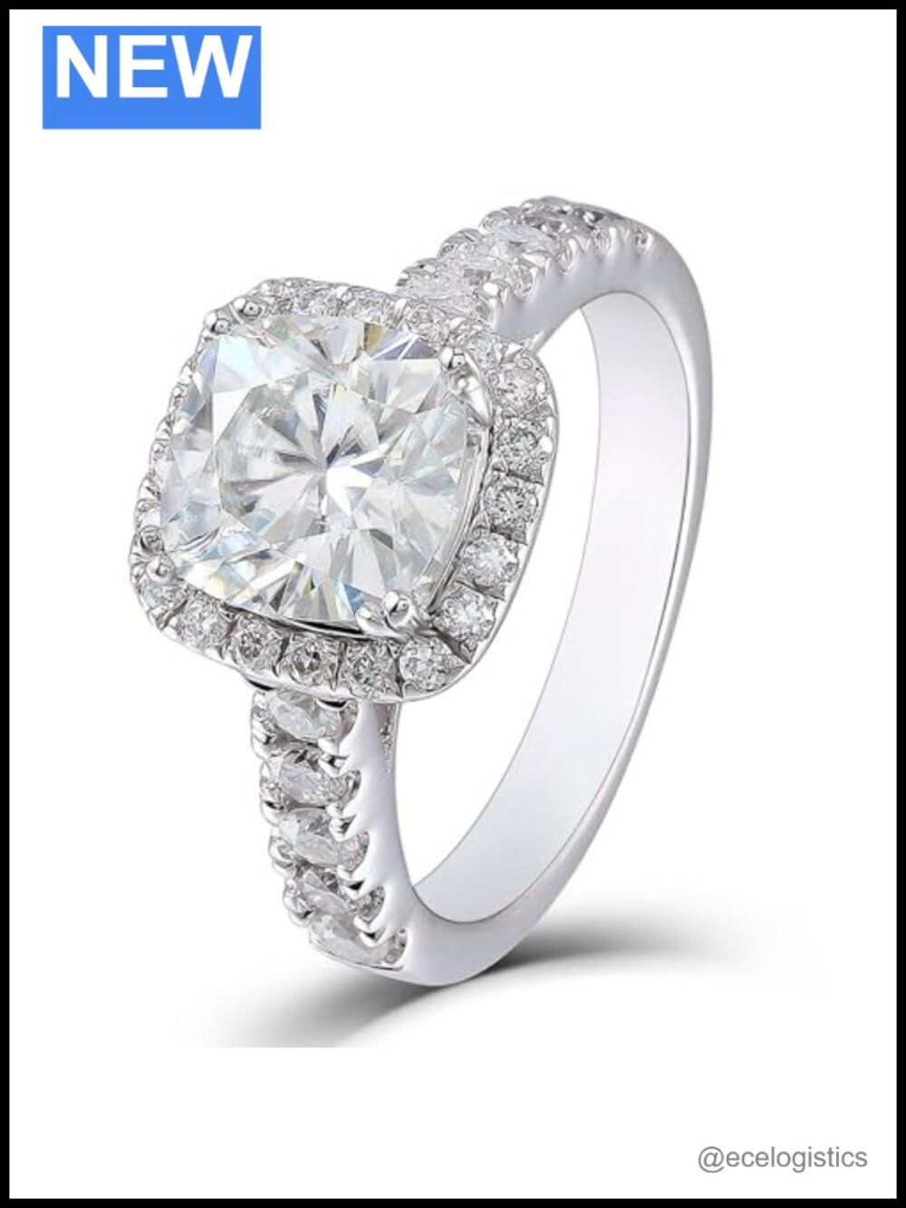 Cushion Cut Moissanite Halo Engagement Ring 18K White Gold Plated Sterling